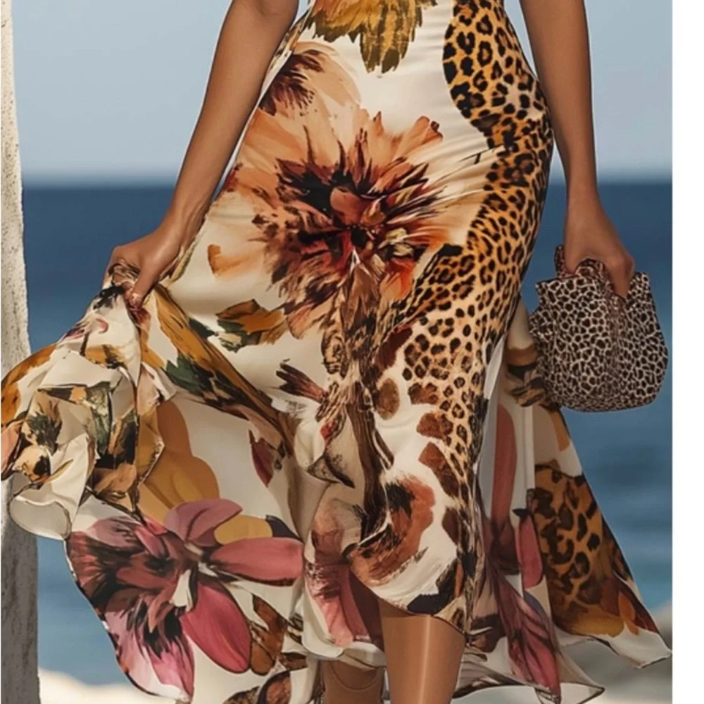 Elegant Leopard and Floral Print Halter Maxi Dress - Picture 3 of 4